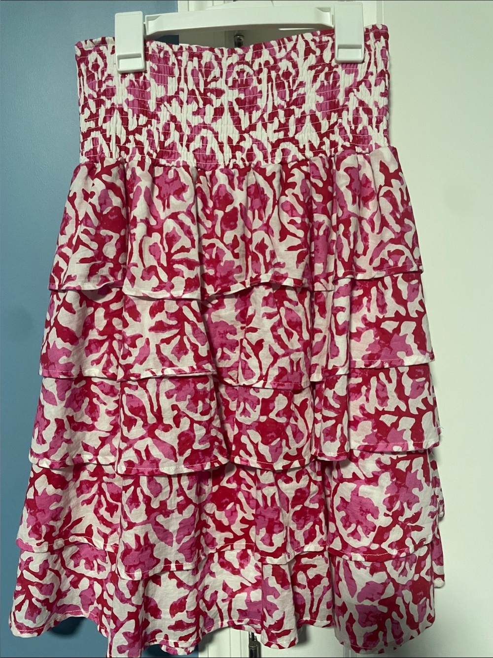 Girls Pink Floral Tiered Smocked Skirt